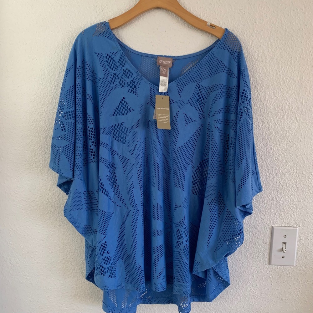 Chicos Open Stitch Palm Leaf Chianti Poncho Regatta Blue L/XL 570388103 NWT